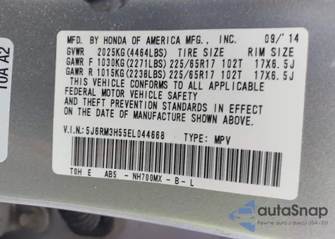 2014 Honda Cr-V Ex из США, поврежденный, VIN 5J6RM3H55EL044668